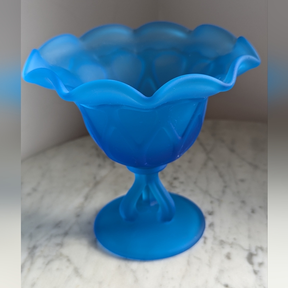 Vintage Westmorland Blue Satin Glass Flower Compote / Candy Dish